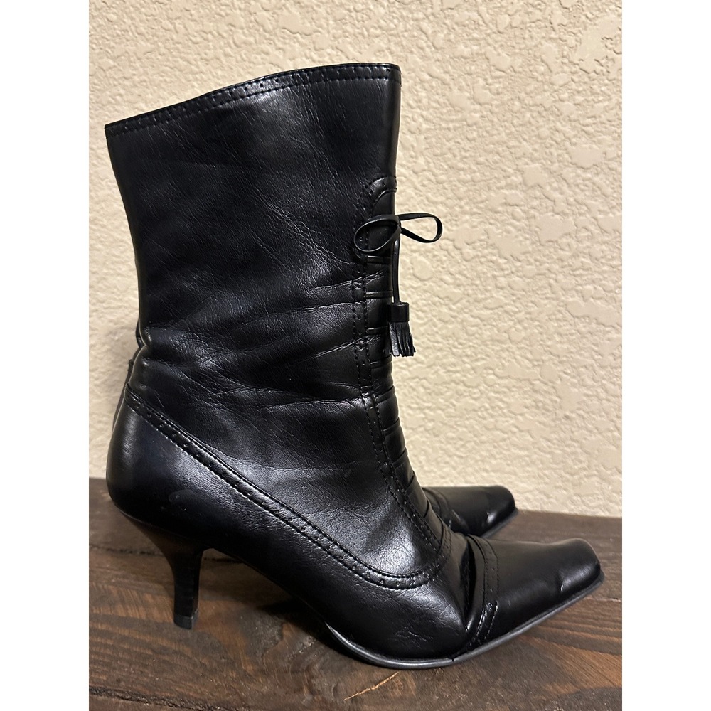 Liz Claiborne Lorraine Black Faux Leather Tassel Kitten Heel Mid-Calf Boots 7.5M - Picture 2 of 14